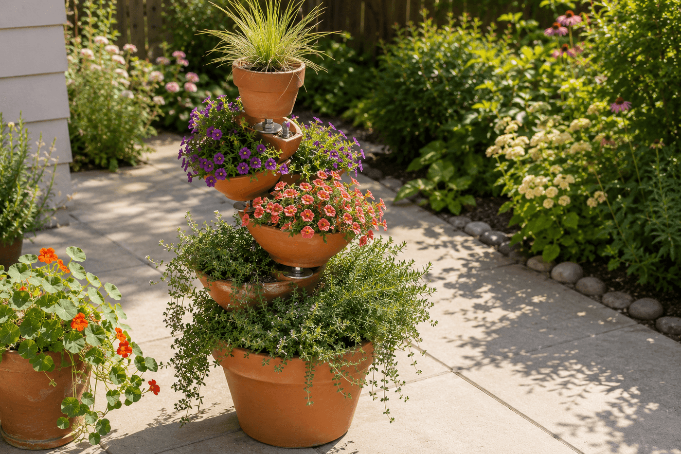 Five-tier terra cotta pot tower with graduating pot sizes stacked on a central metal rod in a spiral offset arrangement, planted with trailing herbs and flowering annuals on a sunny patio