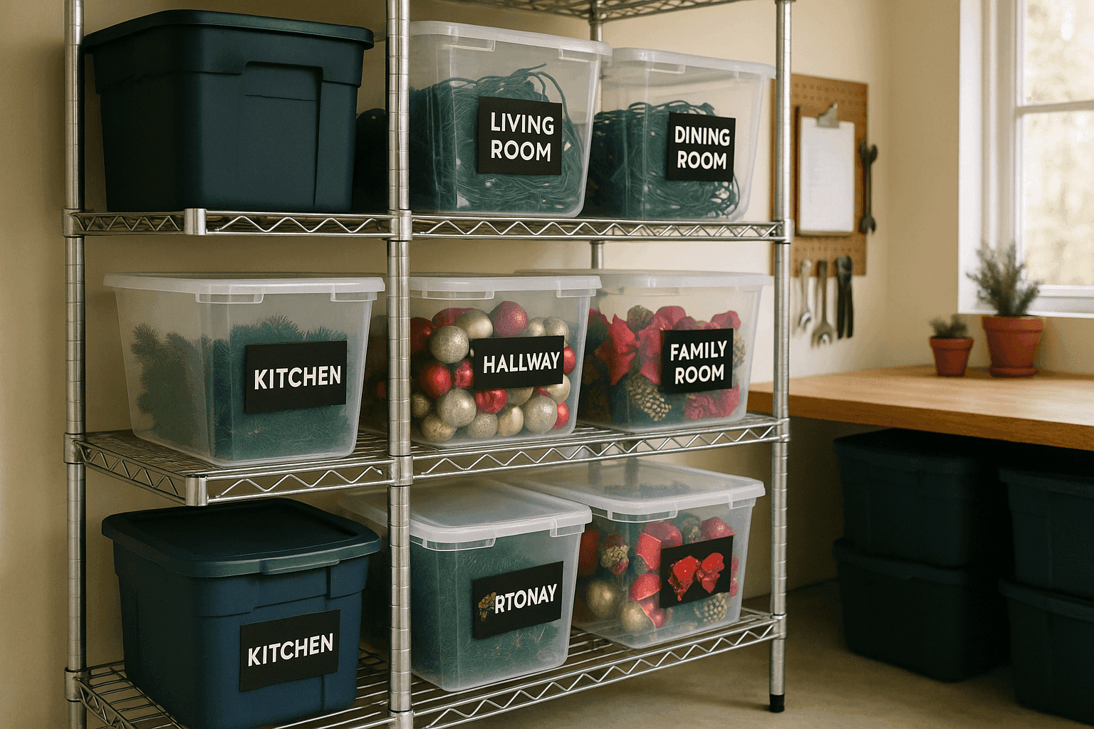 Organized Christmas decoration storage with clearly labeled boxes sorted by room on garage shelving with tested light strands neatly coiled