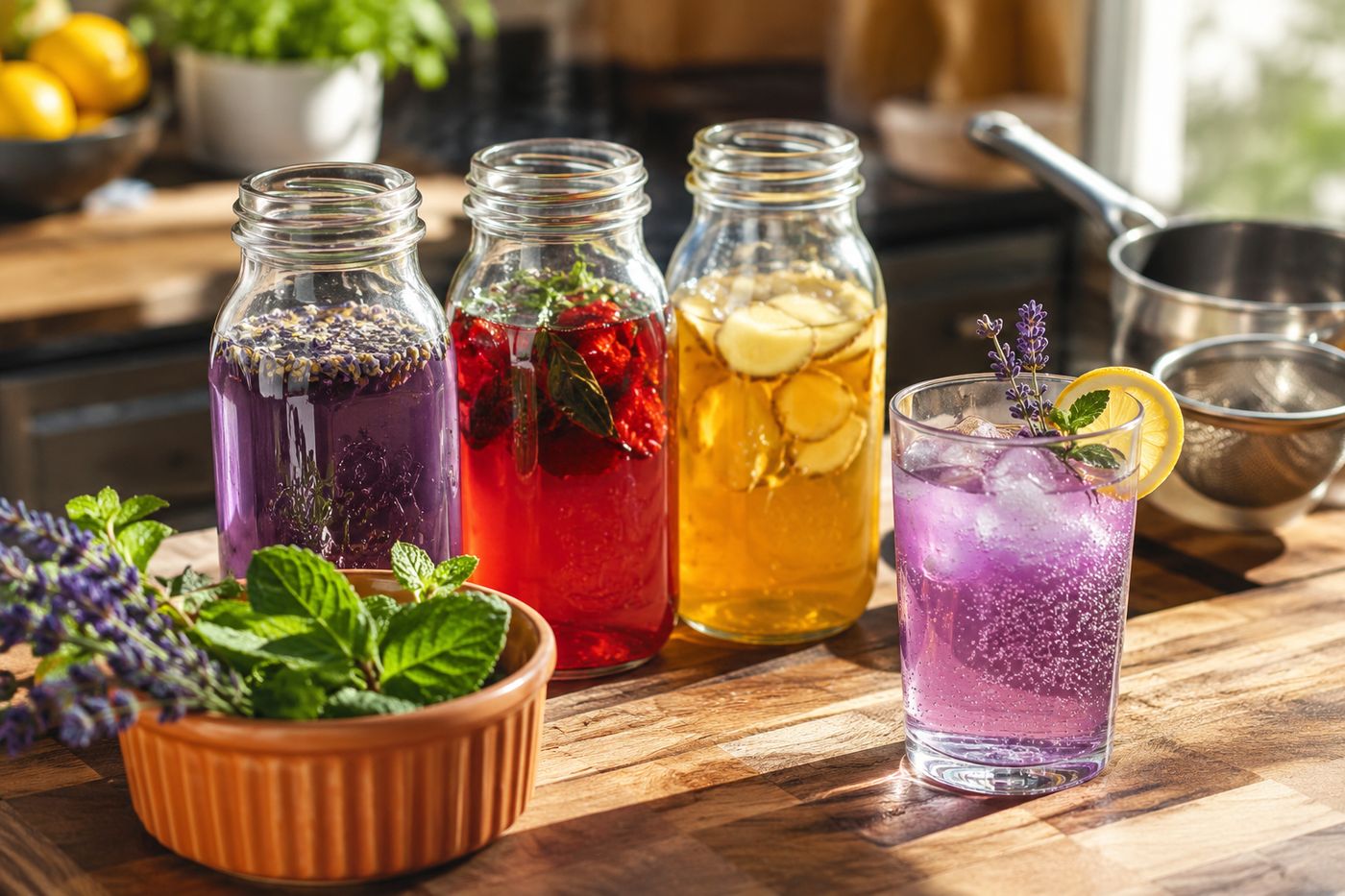 Row of homemade flavored simple syrups in labeled glass jars, including lavender, strawberry basil, and ginger honey, on a kitchen counter