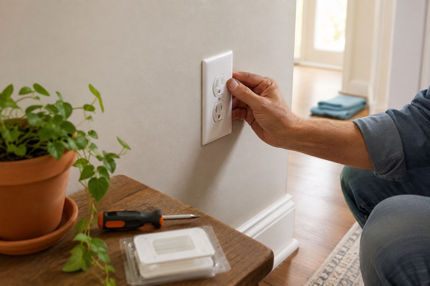 Hand installing a fresh white outlet cover plate on a wall, with a screwdriver and small foam outlet spacers visible nearby