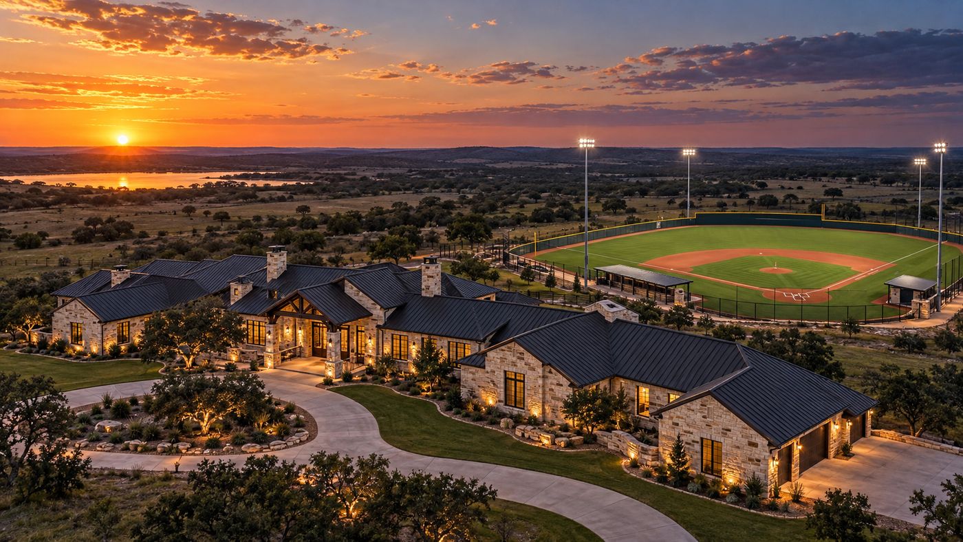 A single-level stone estate with a metal roof beside a professionally lit private baseball field in Stillwater, Oklahoma