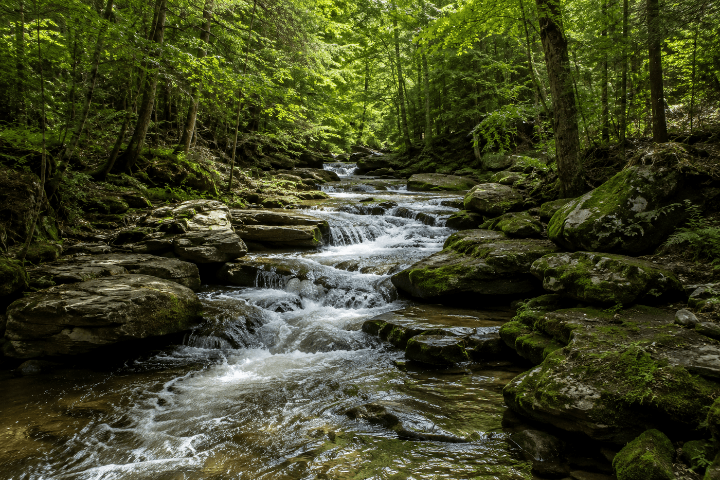Lewis Creek rushing over natural rock formations through a wooded Vermont landscape in Starksboro