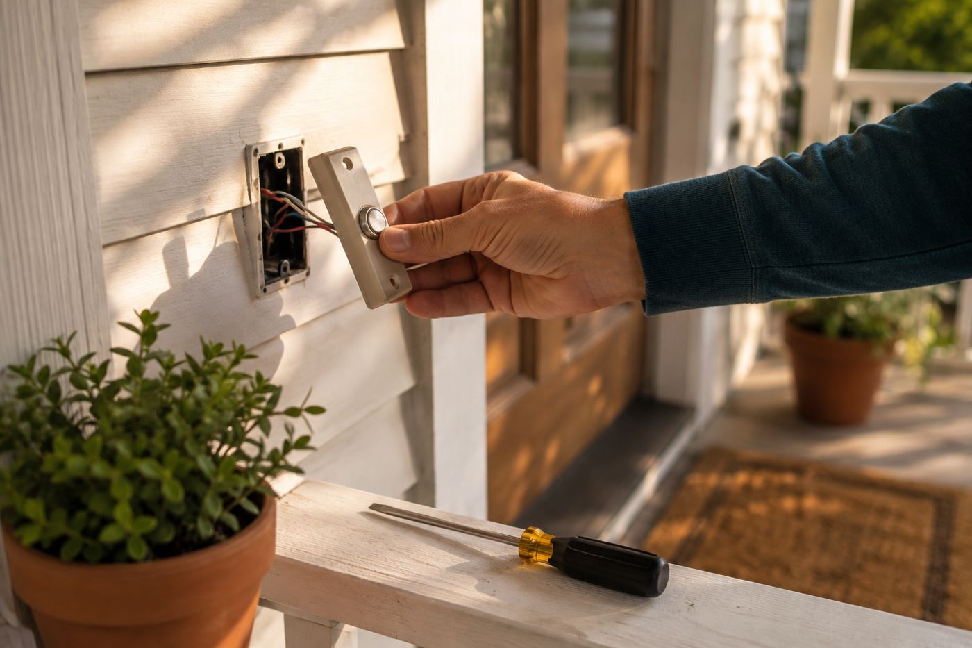 Hand removing a doorbell button plate to check the wiring, with a screwdriver resting nearby on the porch