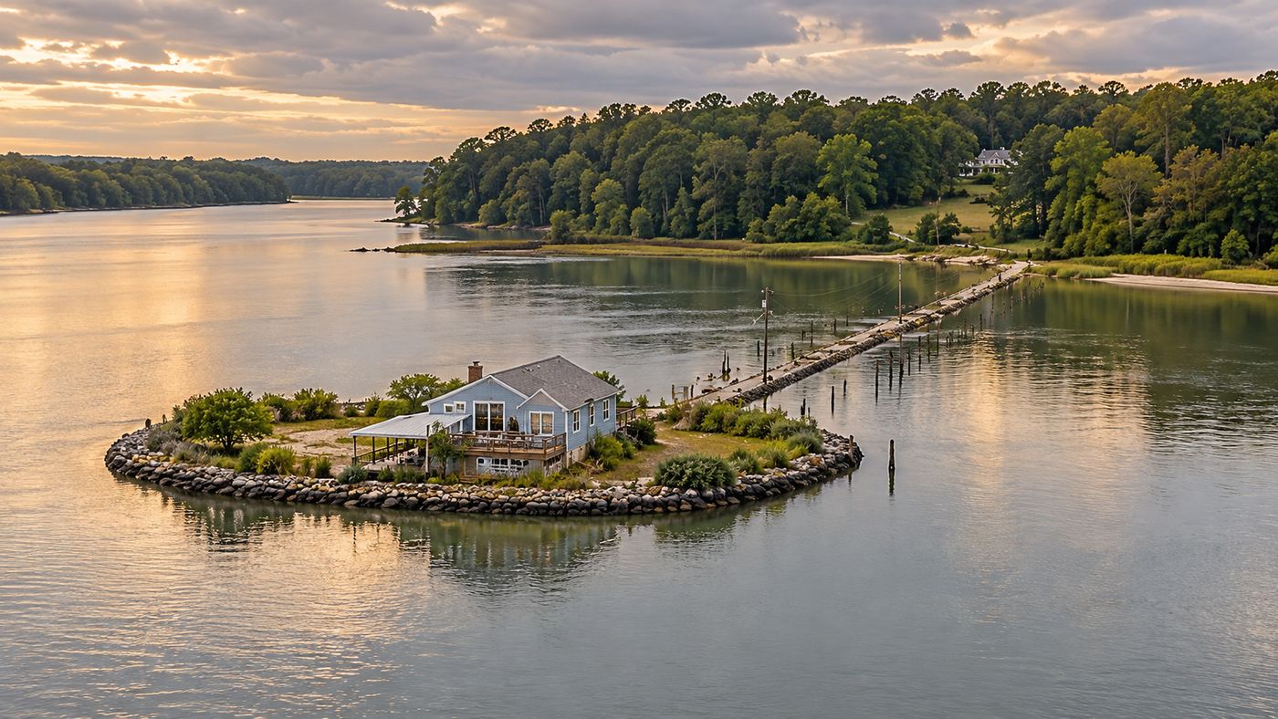 Island house connected by a causeway to shoreline property on the Rappahannock River in Jamaica, Virginia