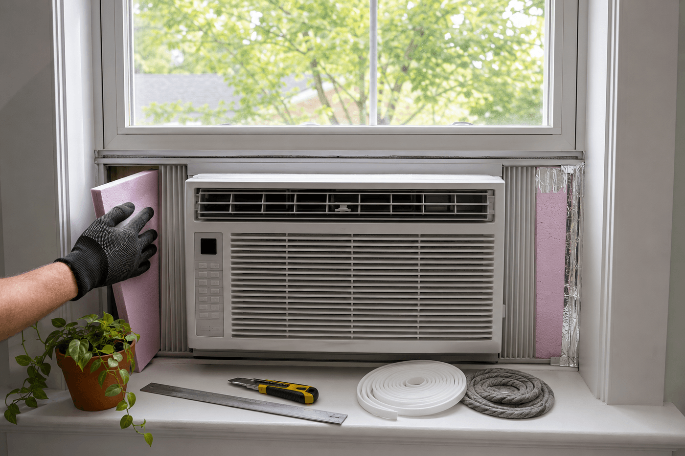 Window air conditioner installation showing foam insulation board panels cut and fitted behind the accordion side panels with weatherstripping along the window frame edges and rope caulk visible at the upper window sash joint, with the sealed installation gap-free