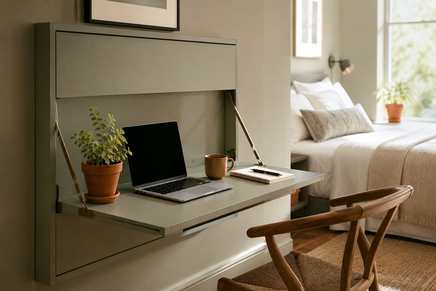 Fold-away wall desk mounted with a piano hinge and folding shelf brackets, shown open with a laptop and notebook, in a multi-purpose spare room