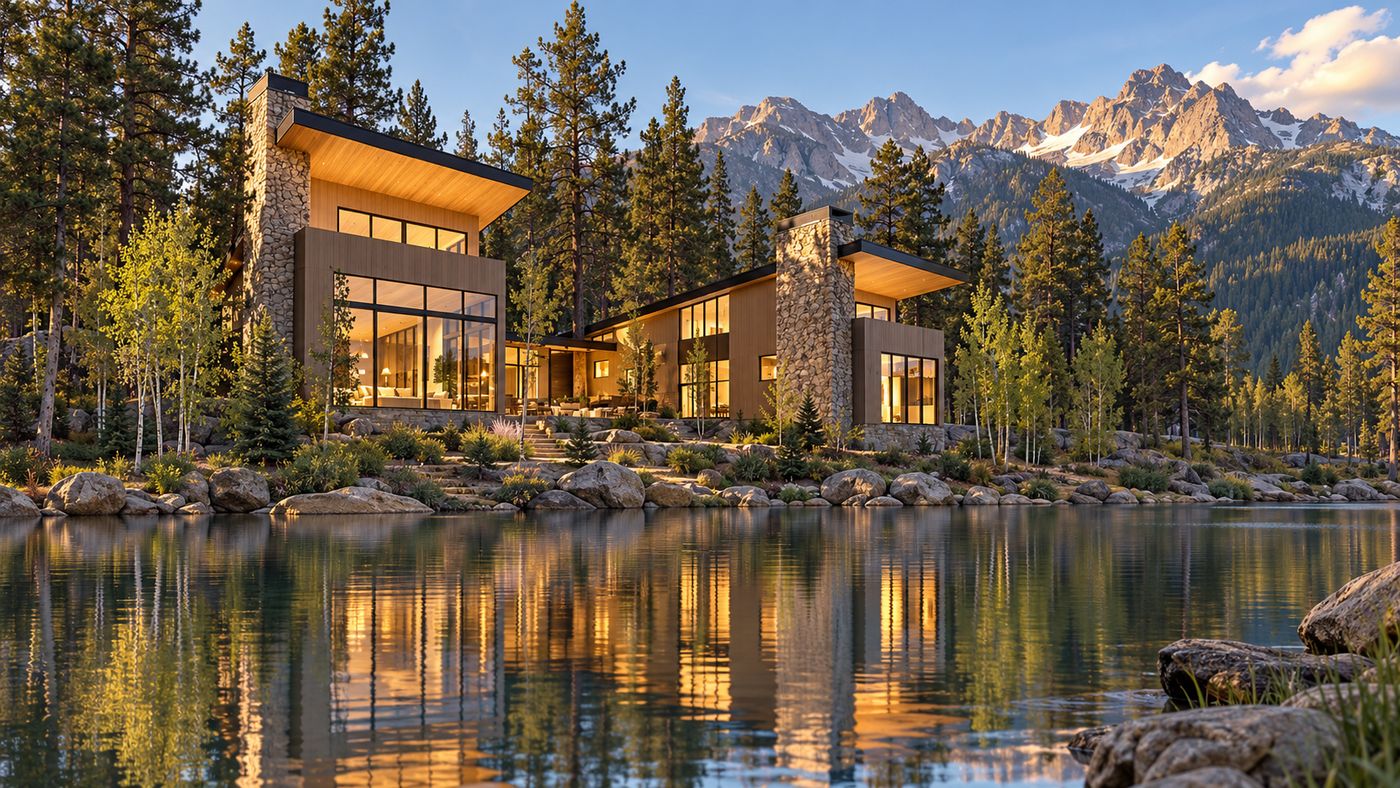A modern mountain estate of timber, stone, and glass surrounded by pines on the shore of Big Bear Lake, California