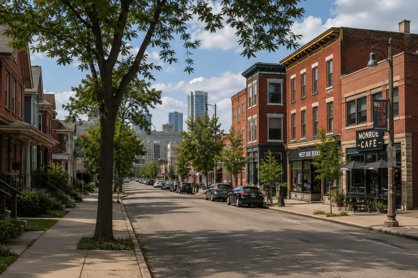 A residential street in Grand Rapids, Michigan's West Side neighborhood, with brick commercial and residential buildings near downtown.