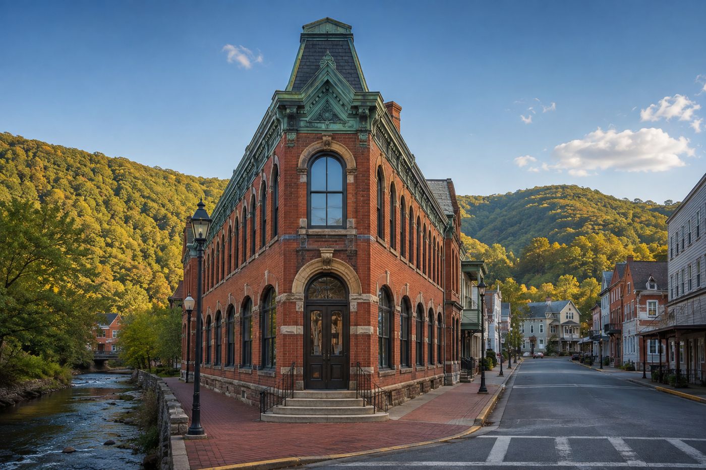 A historic triangular Flatiron-style brick building in a small Pennsylvania town
