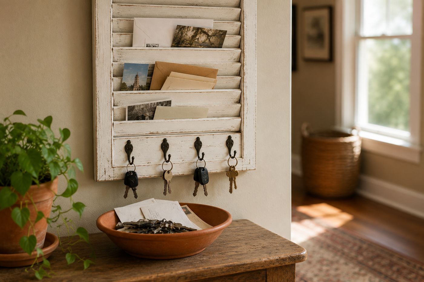 Vintage white louvered shutter mounted on a wall as an organizer, with mail, photos, and a set of keys tucked into the angled slats
