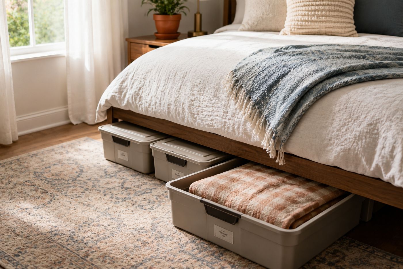 Flat lidded under-bed storage bins, clearly labeled and organized, sliding out from beneath a neatly made bed