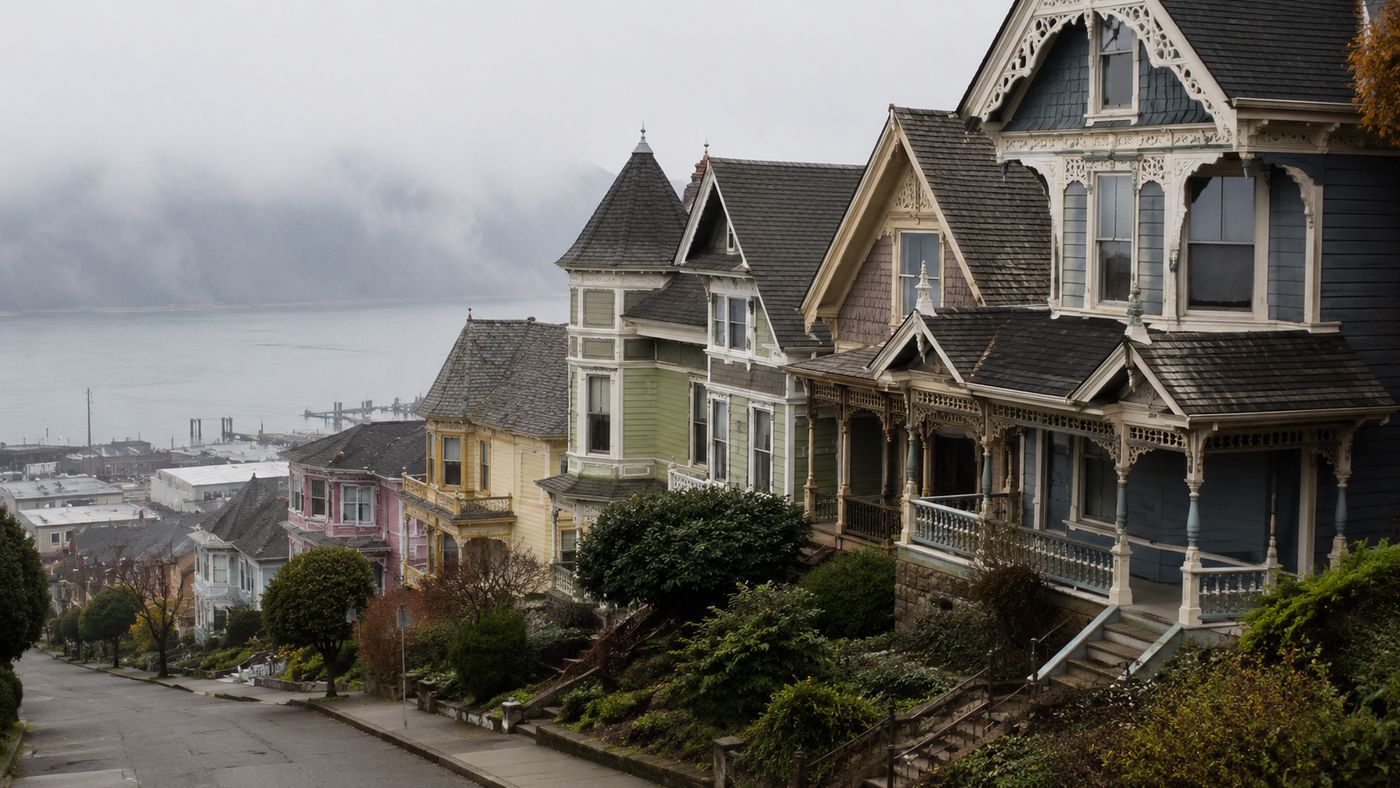 Colorful Victorian-era homes lining the hillside streets of Astoria, Oregon above the Columbia River