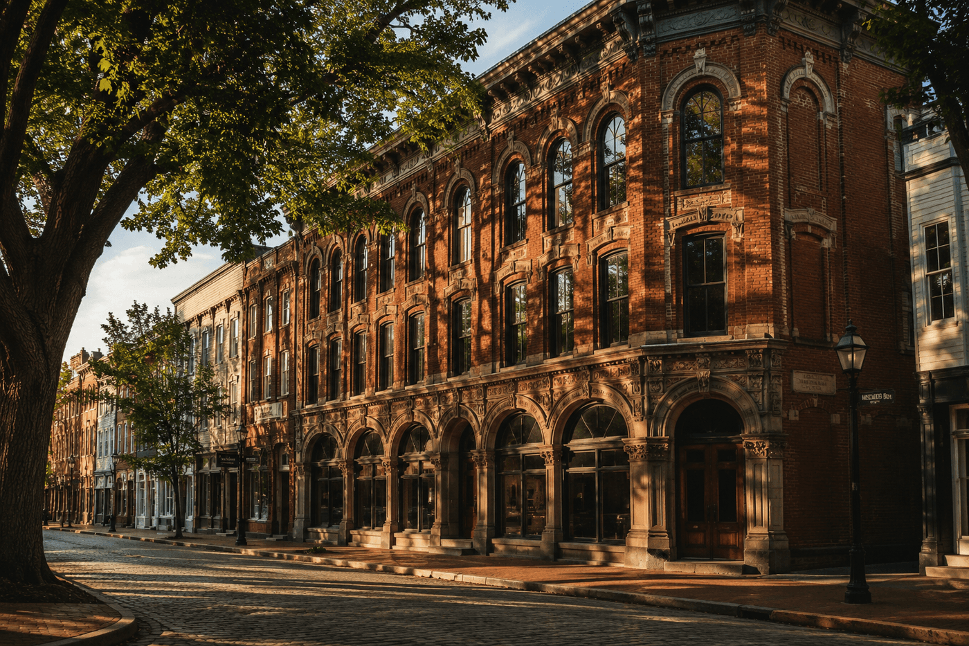 Historic downtown Northampton, Massachusetts streetscape with 19th-century brick buildings