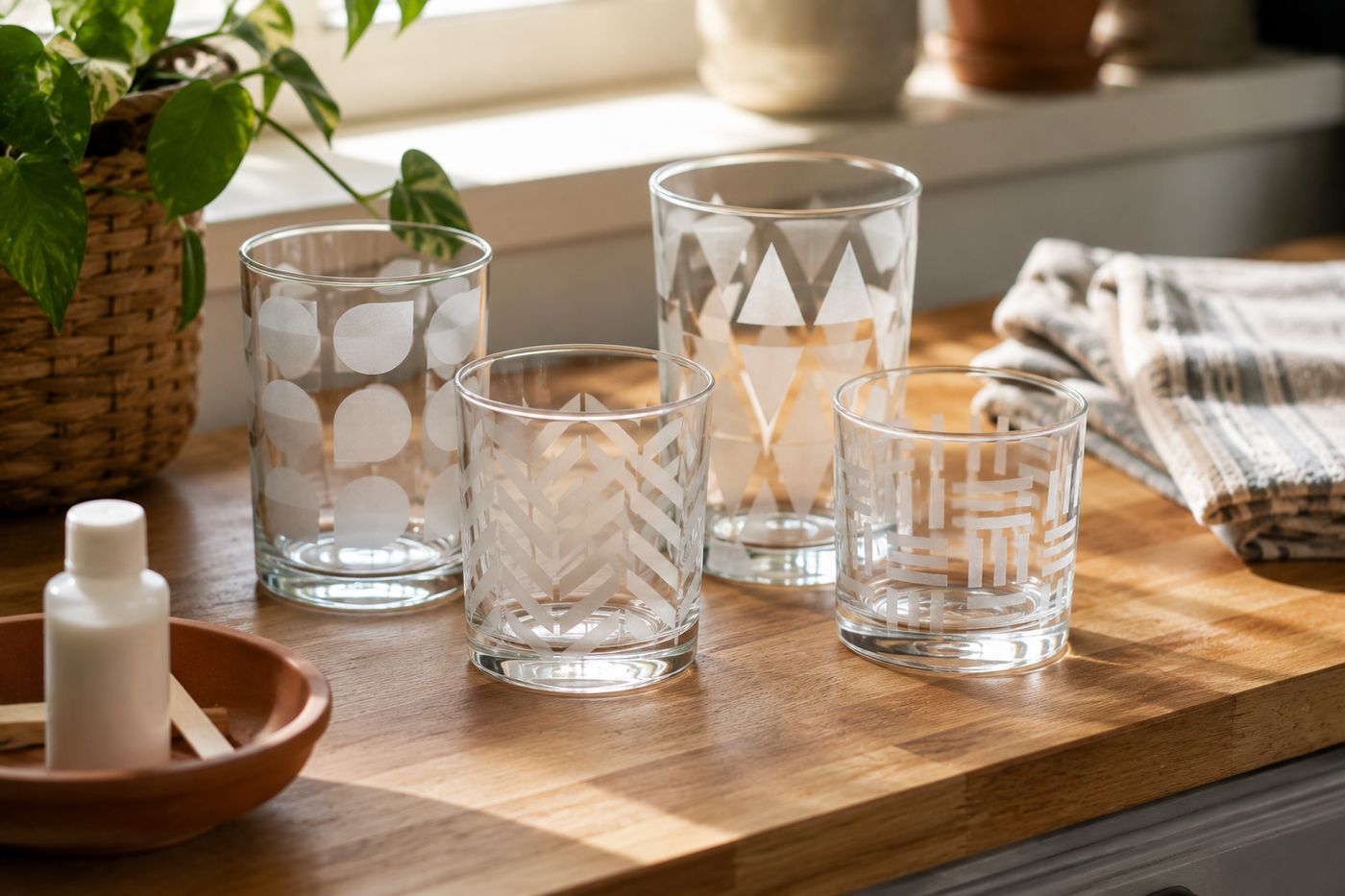 Set of clear drinking glasses with a permanently etched frosted geometric pattern, arranged on a kitchen counter