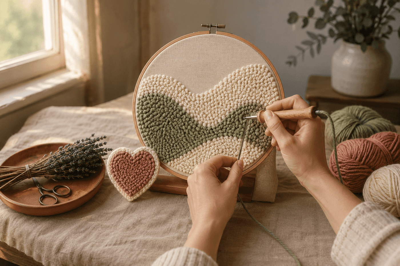 Hands working a punch needle tool through monk's cloth stretched in a wooden hoop, creating textured yarn loops in a simple wave design, with soft yarn skeins and a finished heart motif piece visible nearby on a linen surface