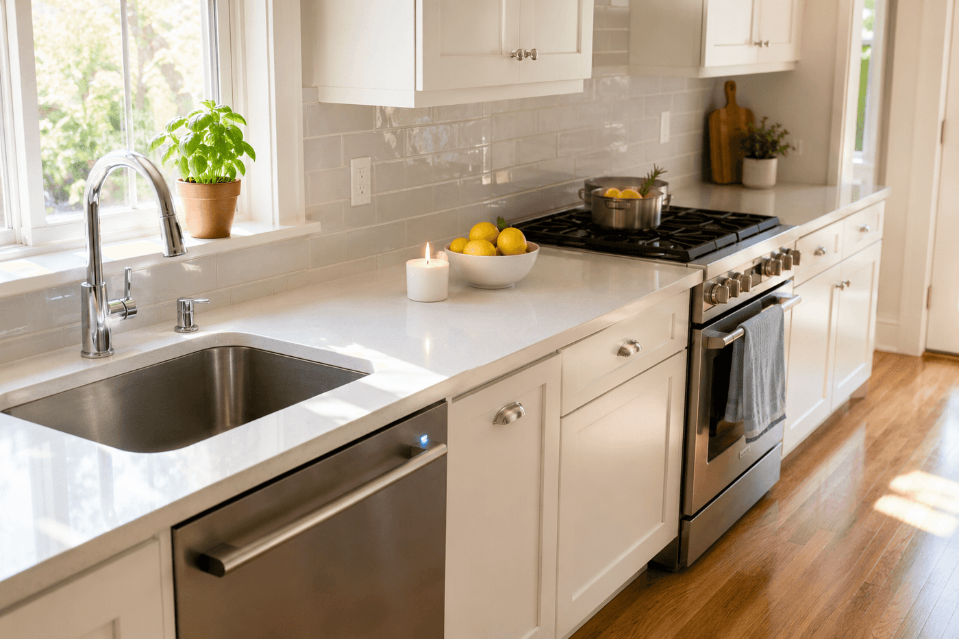 Bright clean kitchen with cleared counters, fresh dish towels, a lit candle, and a bowl of citrus fruit on the counter suggesting a completed post-party reset on a sunny Sunday morning