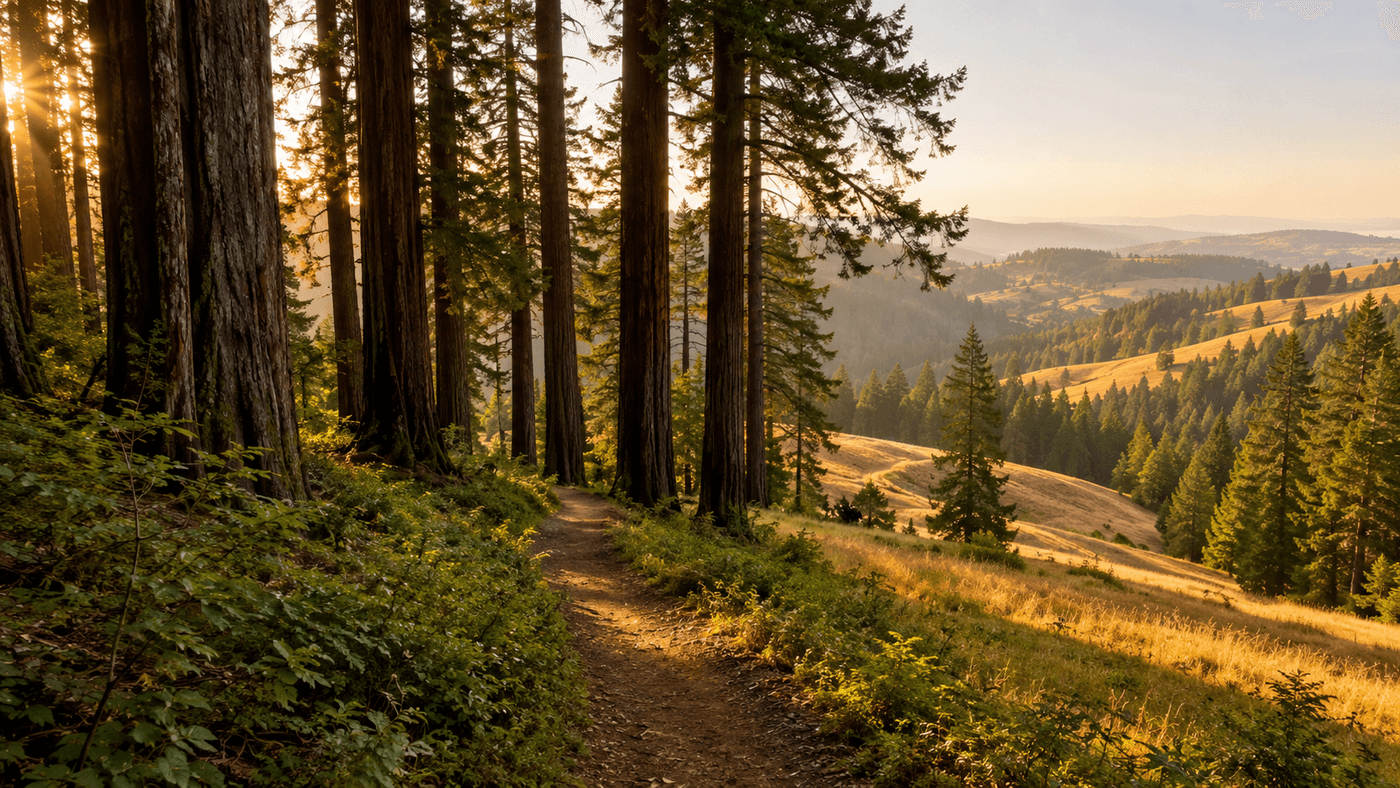 Towering redwood trees and open meadows in the scenic hills of Annapolis, California