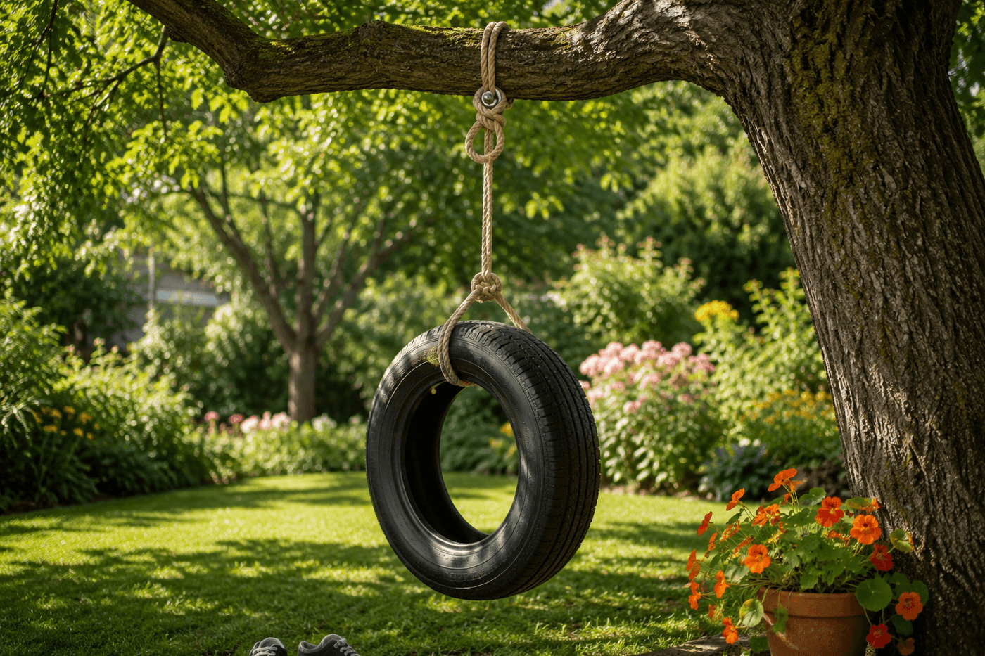 A classic black tire swing hanging from a thick oak branch in a sunny backyard on thick nylon rope, with a child's sneakers visible at the bottom of the frame