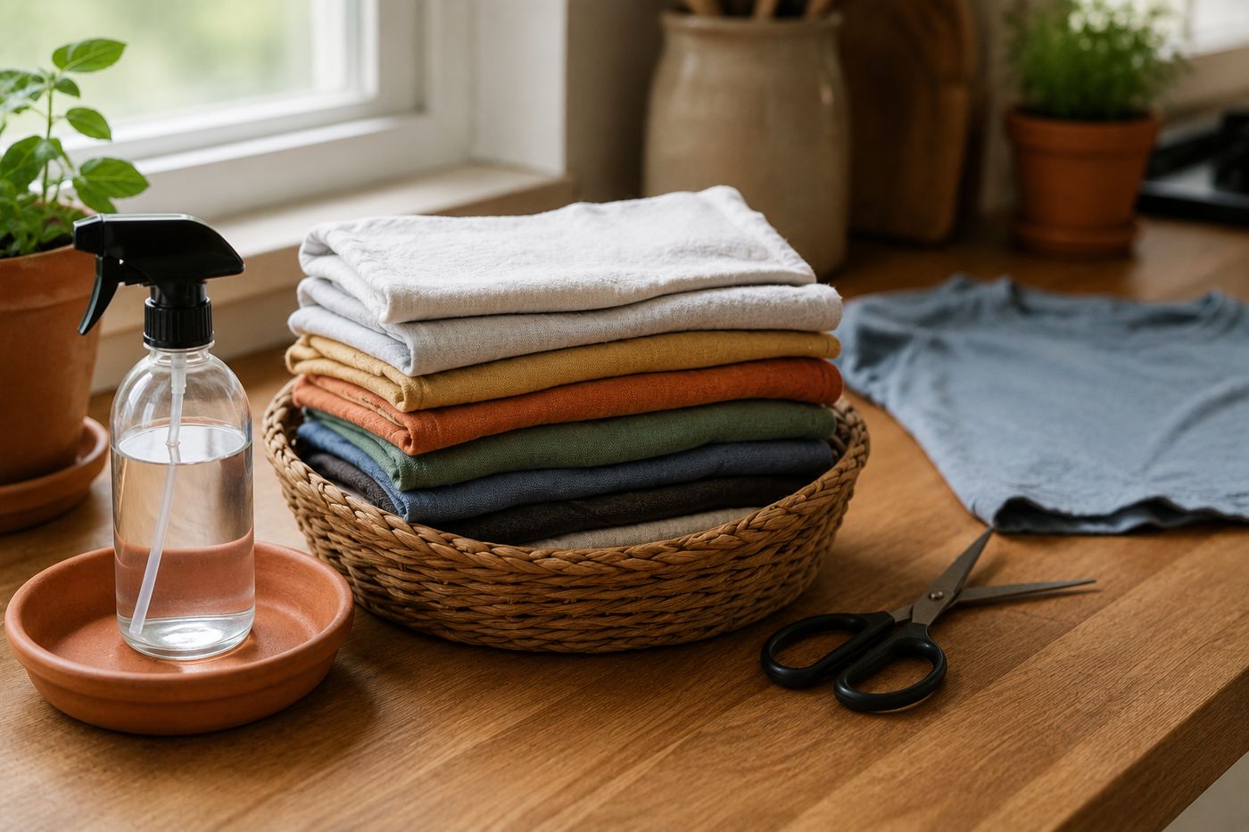 A stack of folded cleaning rags cut from old cotton t-shirts, resting on a kitchen counter beside a pair of scissors