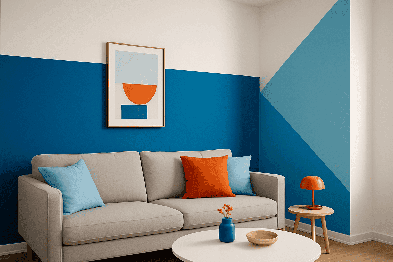 Modern room with two-tone color-blocked walls in complementary colors