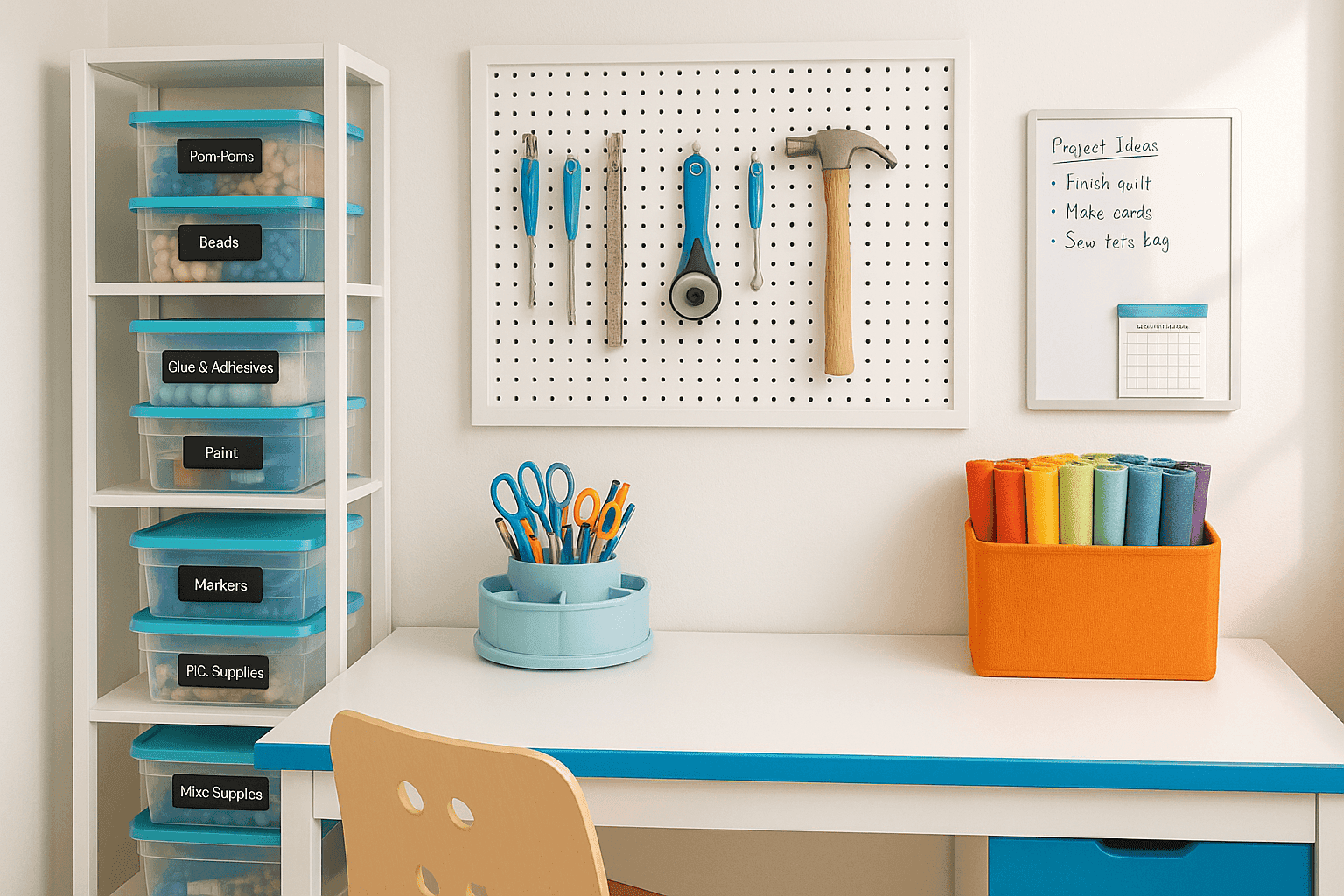 Organized craft room with labeled storage and pegboard
