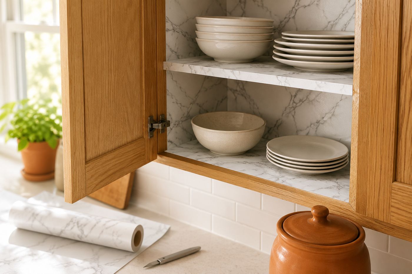 Kitchen cabinet interior lined with smooth white marble-pattern peel-and-stick paper, shelves clean and bubble-free