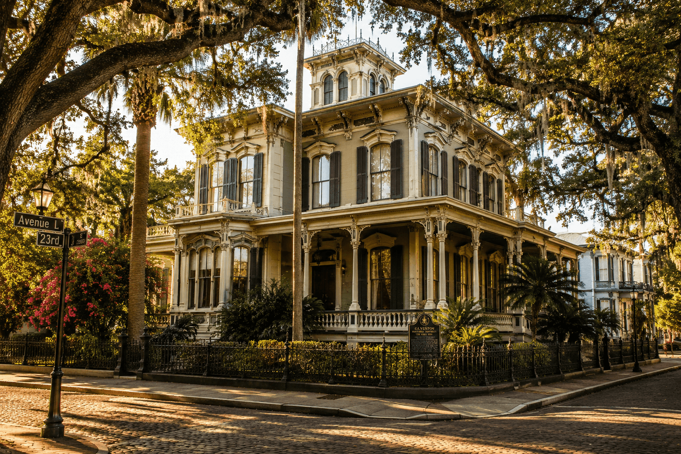 Historic Italianate Victorian homes lining a tree-canopied street in Galveston's East End Historic District