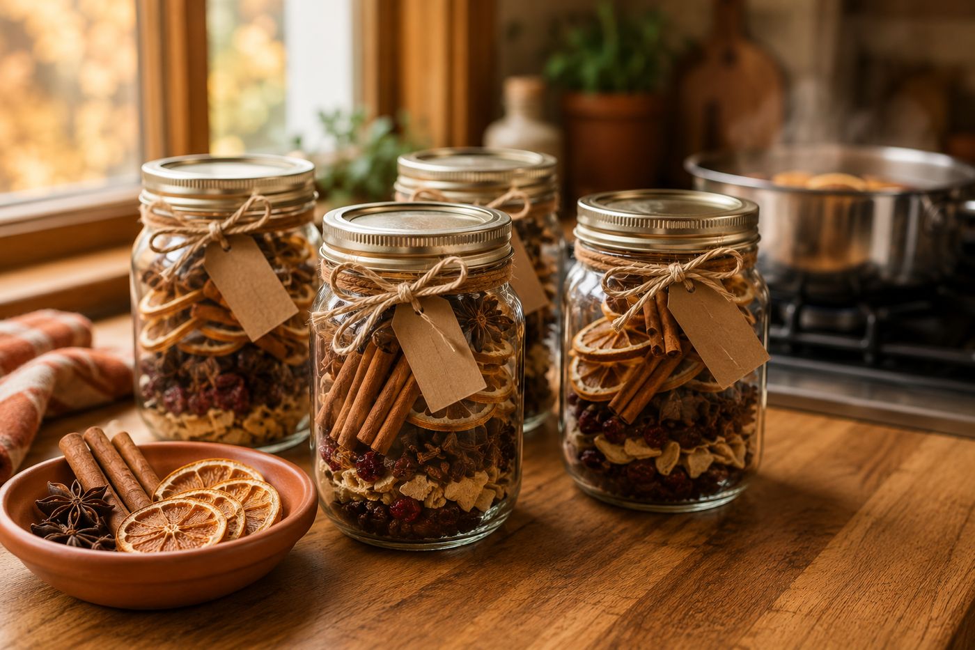 Small mason jars filled with layered fall simmer pot ingredients like cinnamon sticks, cloves, star anise, and dried orange slices, tied with ribbon