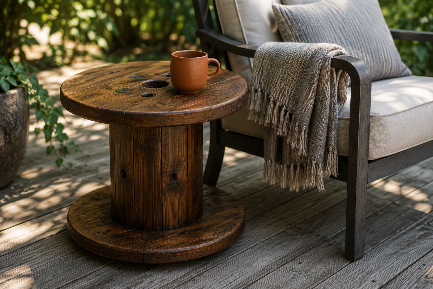 Wooden cable spool repurposed into an outdoor side table with warm walnut stain finish, sitting on a patio next to a chair