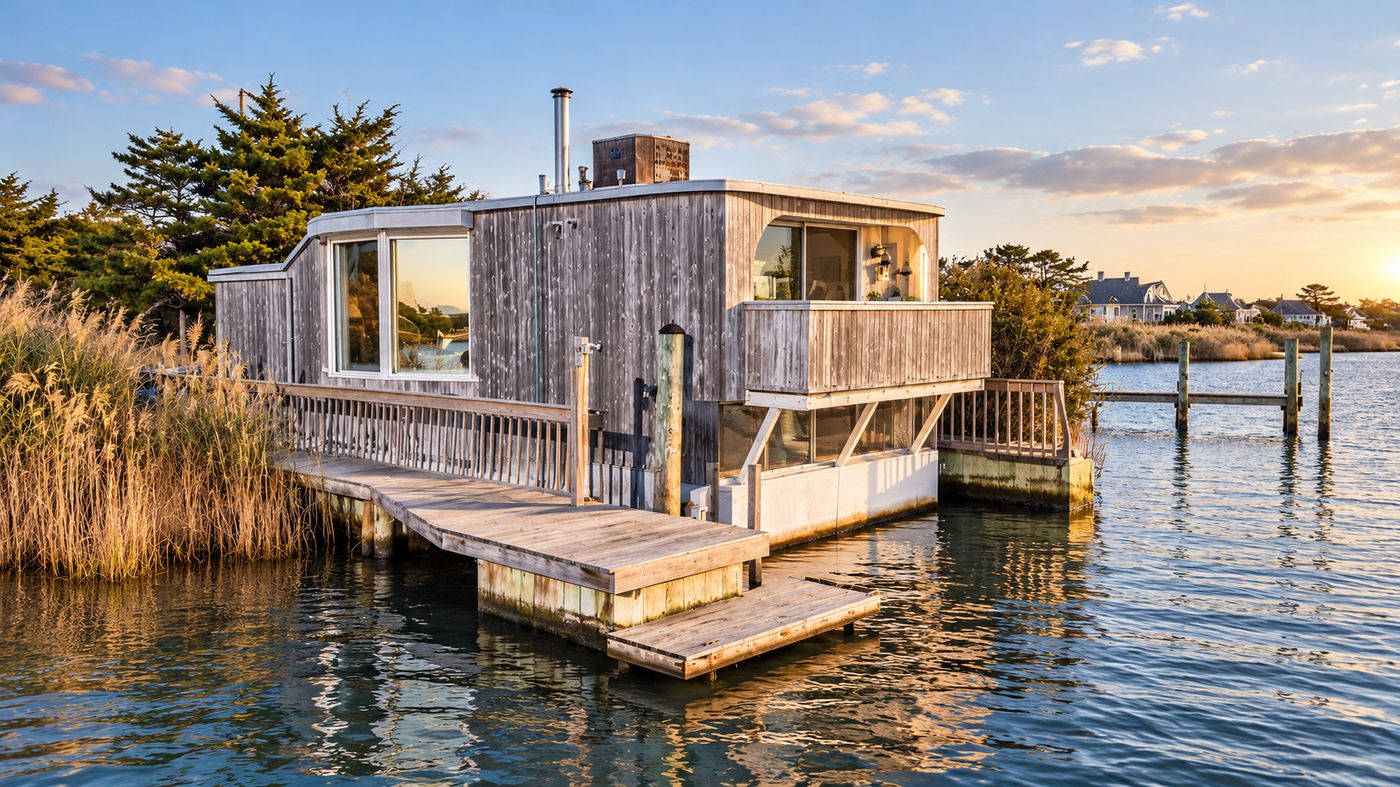 Weathered grey wood houseboat home on Narrow Bay in Mastic Beach, New York