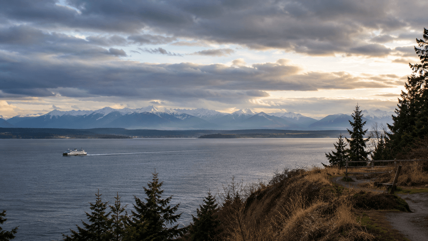 The Puget Sound viewed from the bluffs north of Seattle near Mukilteo, Washington, with the Olympic Mountains visible across the water under a dramatic Pacific Northwest sky.
