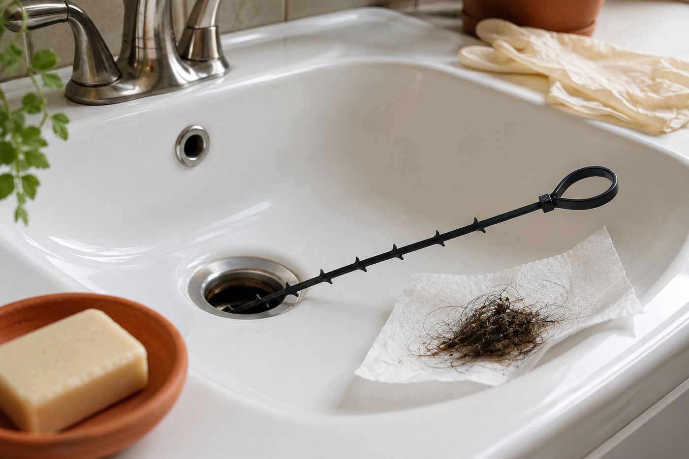 A homemade zip-tie drain snake pulling a clump of hair and debris out of a bathroom sink drain