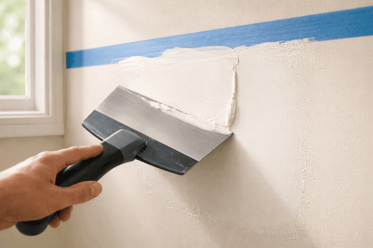 Smooth freshly skim-coated drywall patch being feathered with a wide putty knife
