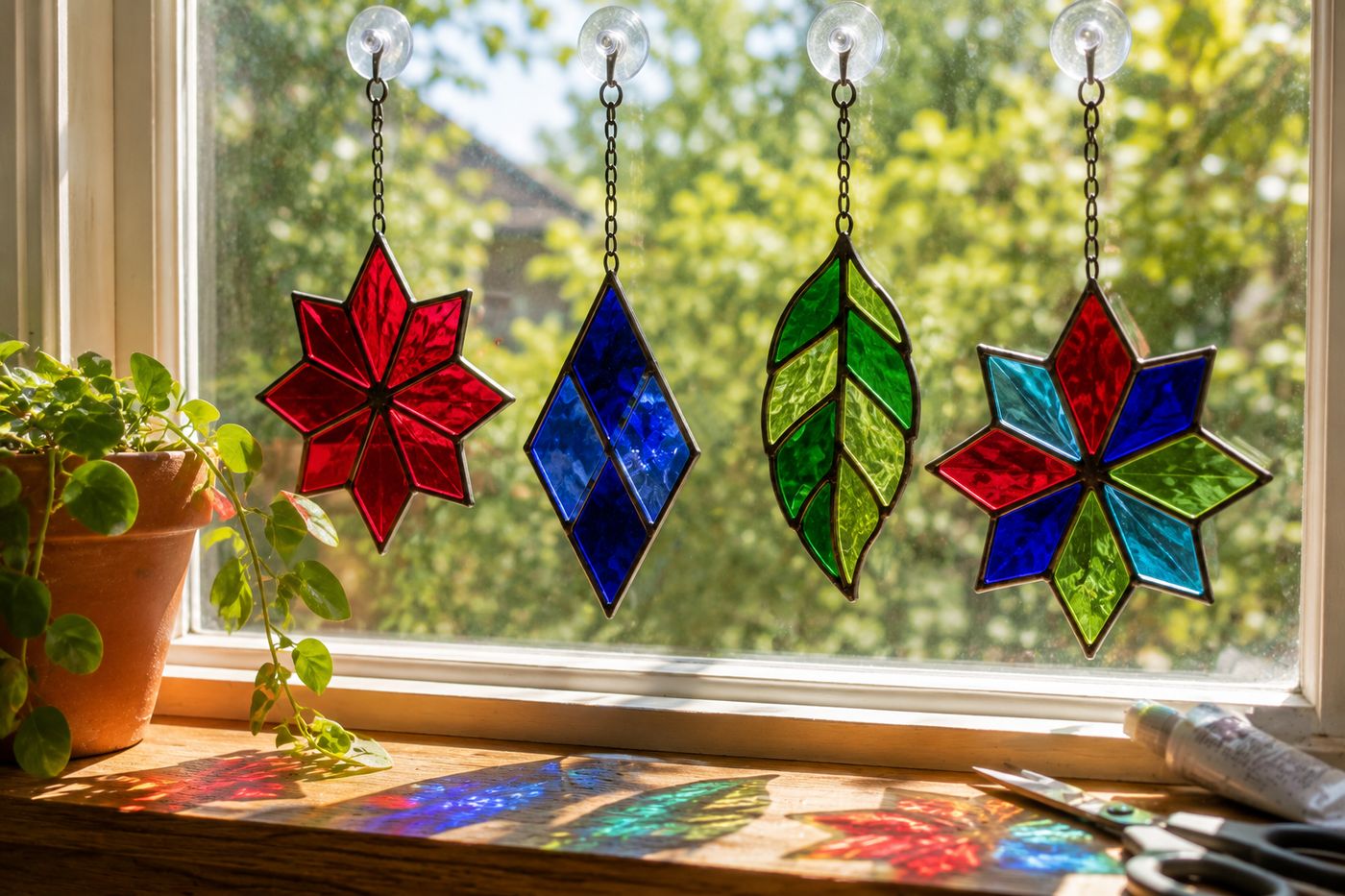 Faux stained glass suncatchers in jewel-toned colors hanging in a sunny window, casting colorful light patterns