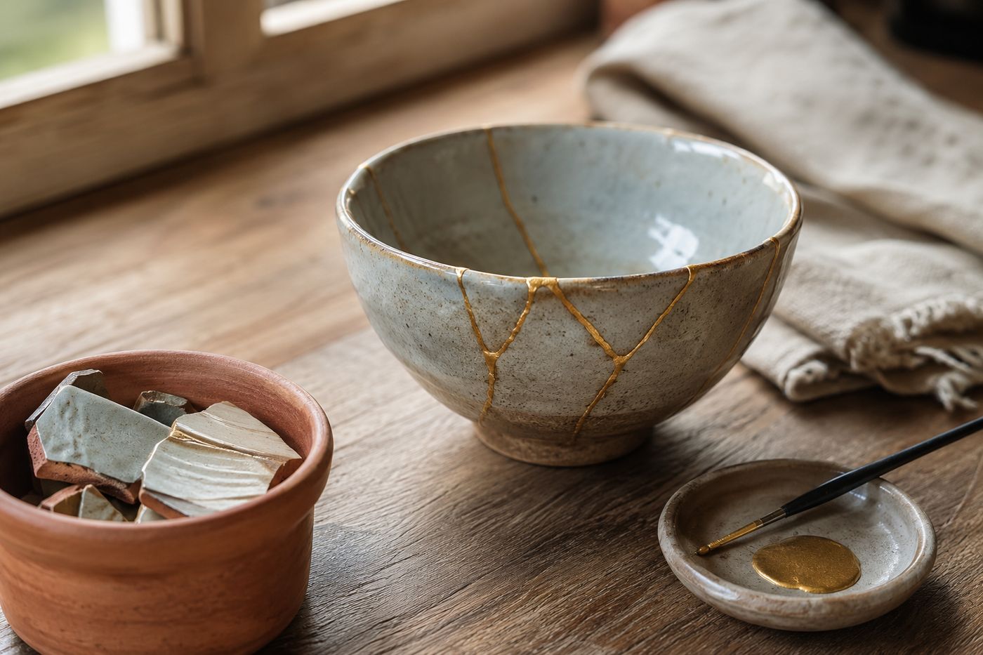 Repaired ceramic bowl showing thin gold kintsugi seams tracing the original crack lines, resting on a wooden table