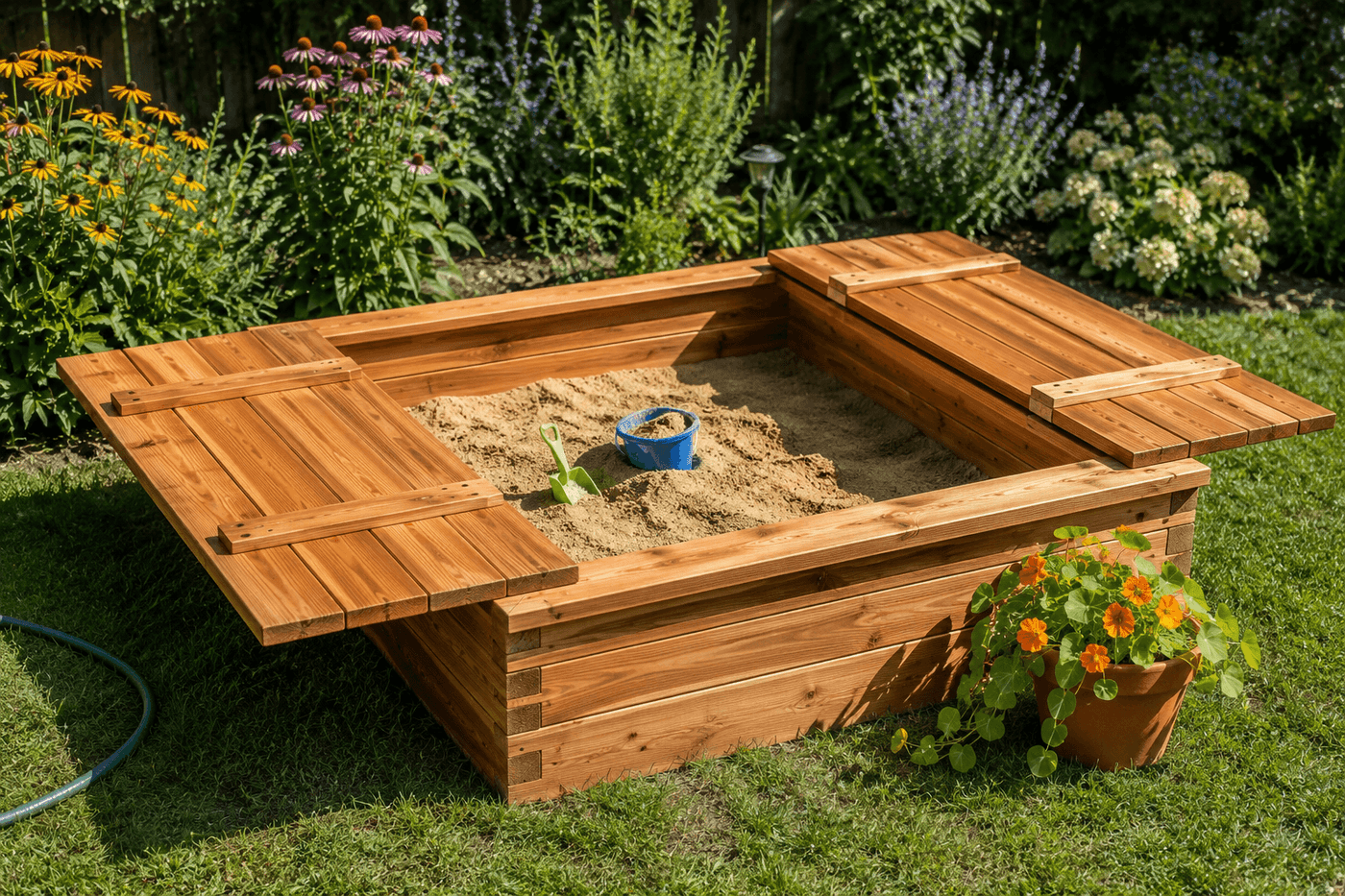 A cedar sandbox with two hinged lid sections folded open to form bench seats on each side, children playing in the sand while adults sit on the bench lids watching