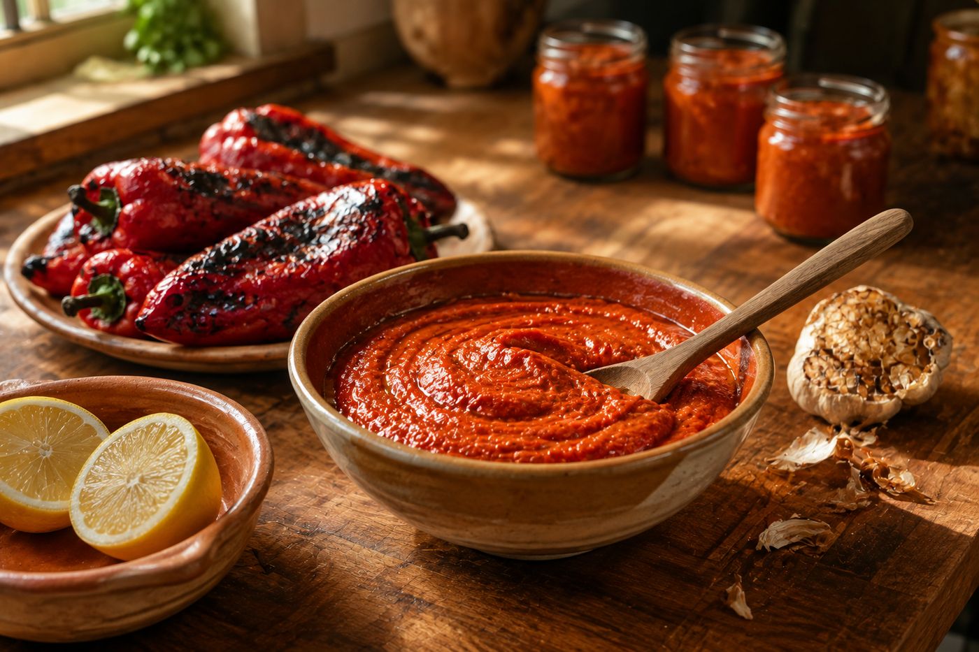 A bowl of smooth roasted red pepper spread with charred peppers and fresh garlic nearby on a rustic kitchen counter