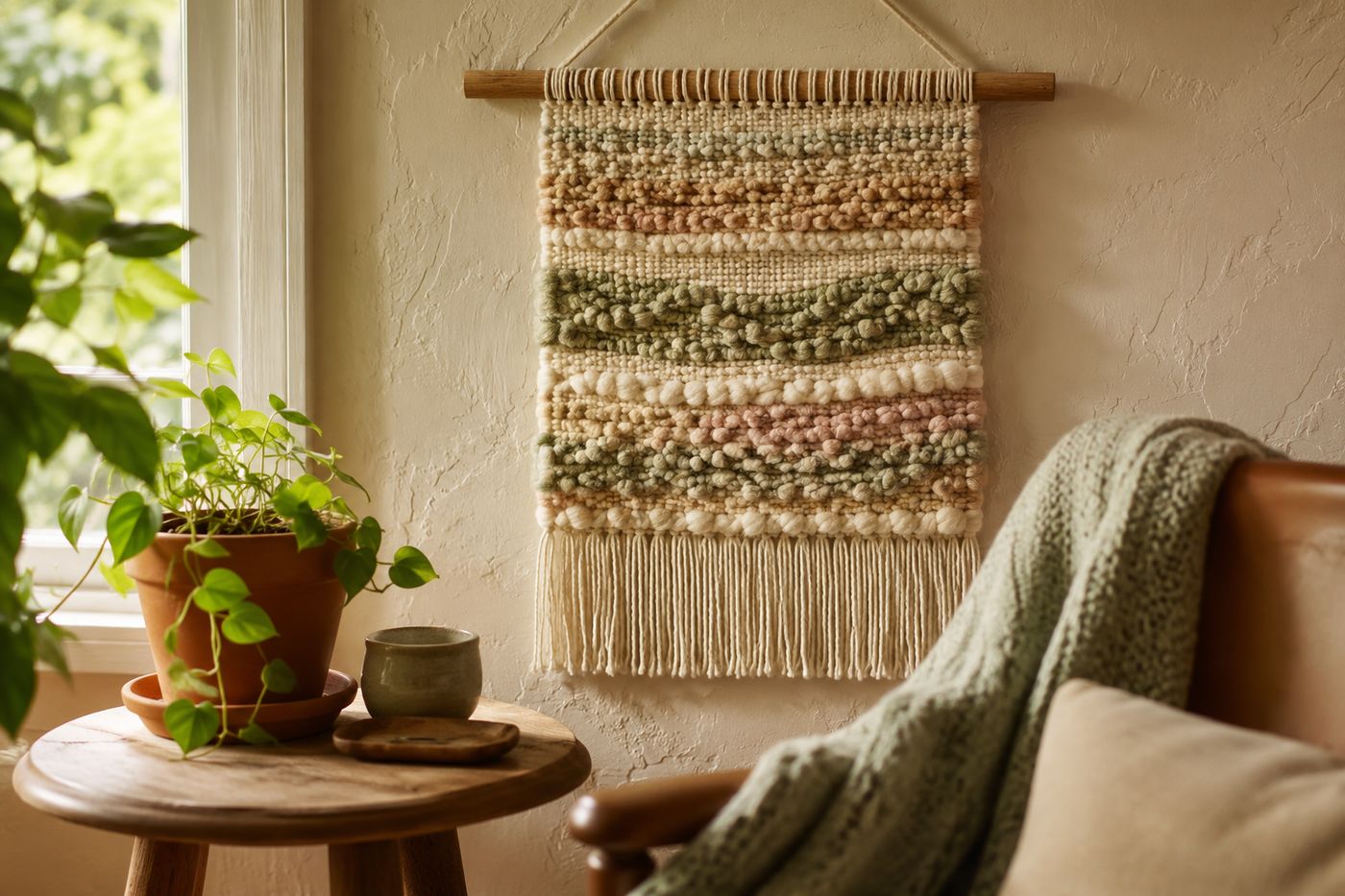 Handwoven yarn wall hanging on a wooden dowel, showing rows of colorful weaving with fringe at the bottom, hung on a textured wall