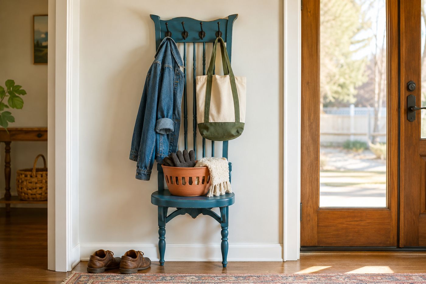 A repurposed wooden chair transformed into a hall tree with coat hooks along the top rail, jackets and a bag hanging, in an entryway