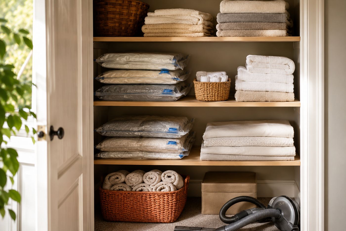 An organized linen closet with vacuum-compressed storage bags holding flattened bedding, freeing up shelf space