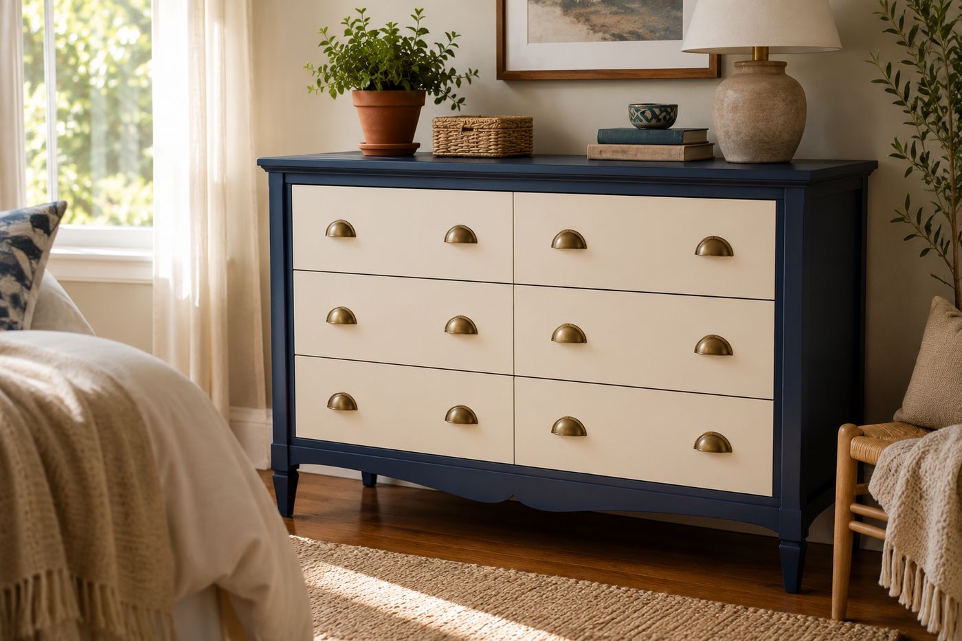 A two-tone painted dresser with a dark navy frame and cream drawer fronts, showing a crisp, level color line across every drawer