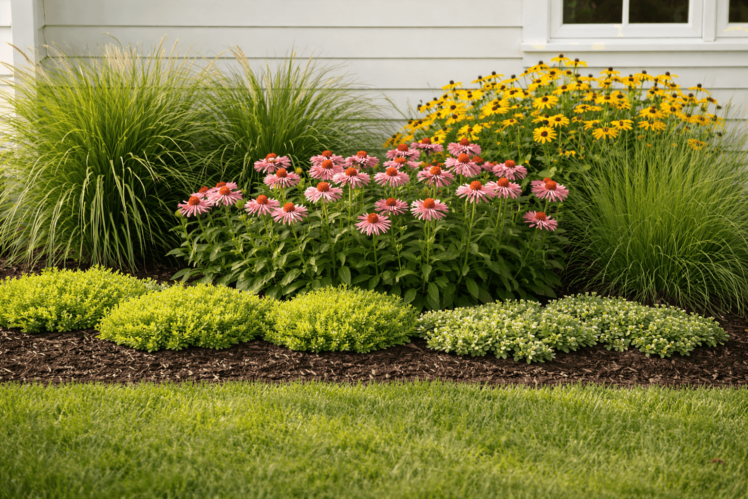 Front yard landscape bed with layered plantings, ornamental grasses at back, perennial flowers in middle, and ground cover at front edge with fresh dark mulch
