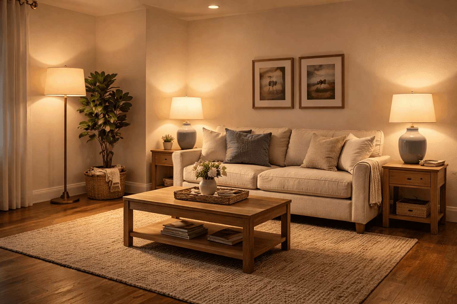 Warm layered lighting in a living room with floor lamp, table lamp, and recessed lights creating ambient glow
