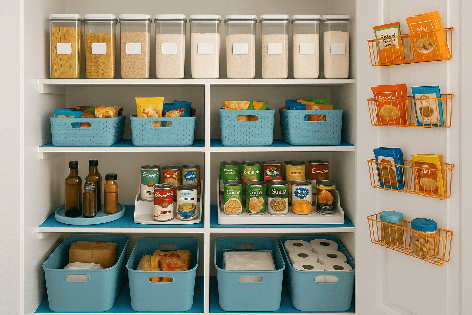 Organized pantry with labeled containers, bins, and systematic arrangement