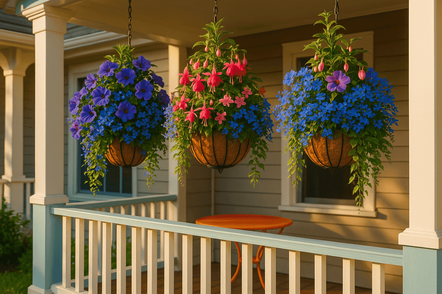 Beautiful hanging flower baskets on a porch