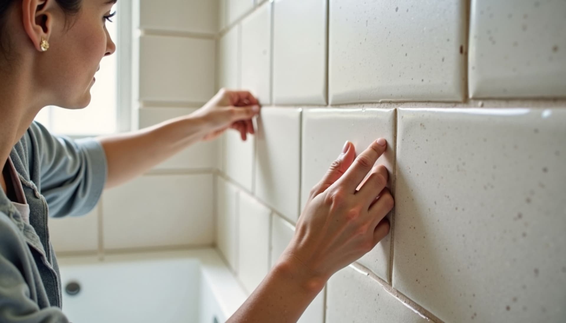Homeowner recaulking a bathroom tub surround with fresh white silicone caulk, clean tile and bright lighting in background