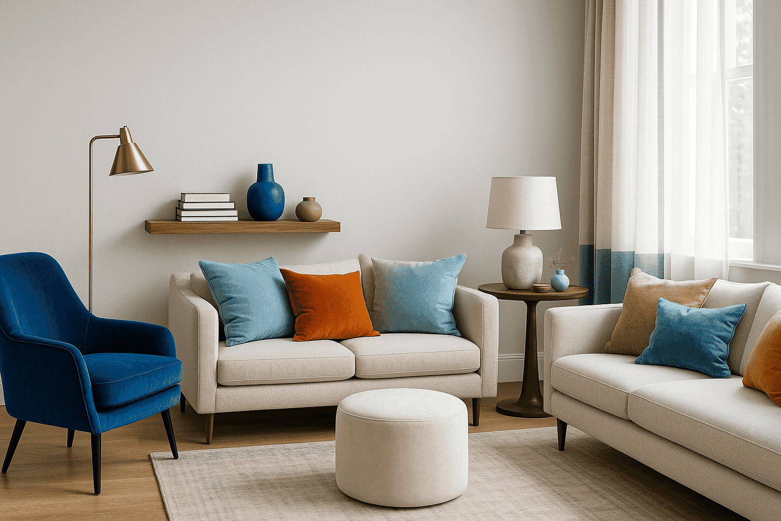 Living room with elegant velvet accent pieces